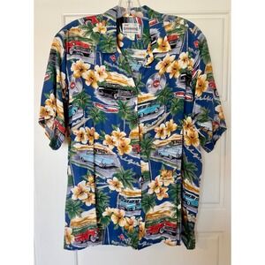 Reyn Spooner Vtg Hawaiian Shirt Classic Cars Hibiscus Print Rayon‎ Mens Medium